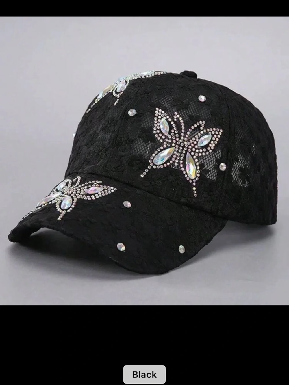 SHEIN Black Lace Cap with Iridescent Crystal Butterflies - Picture 6 of 6